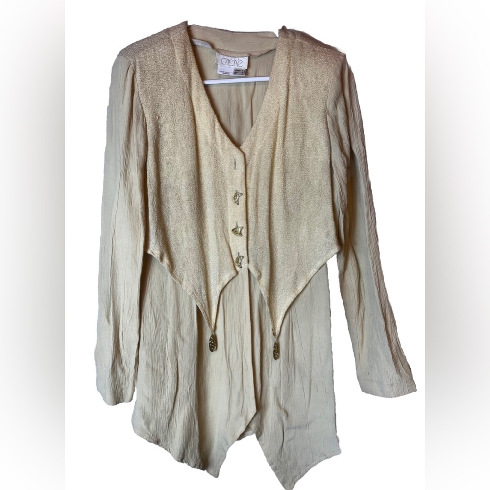 Vintage CACHE Light Yellow Button Down Flouncy Vest Long Sleeve Combo Blouse 6